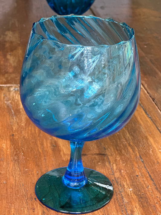 Vintage Aqua Blue Empoli Optic Swirl Glass Snifter