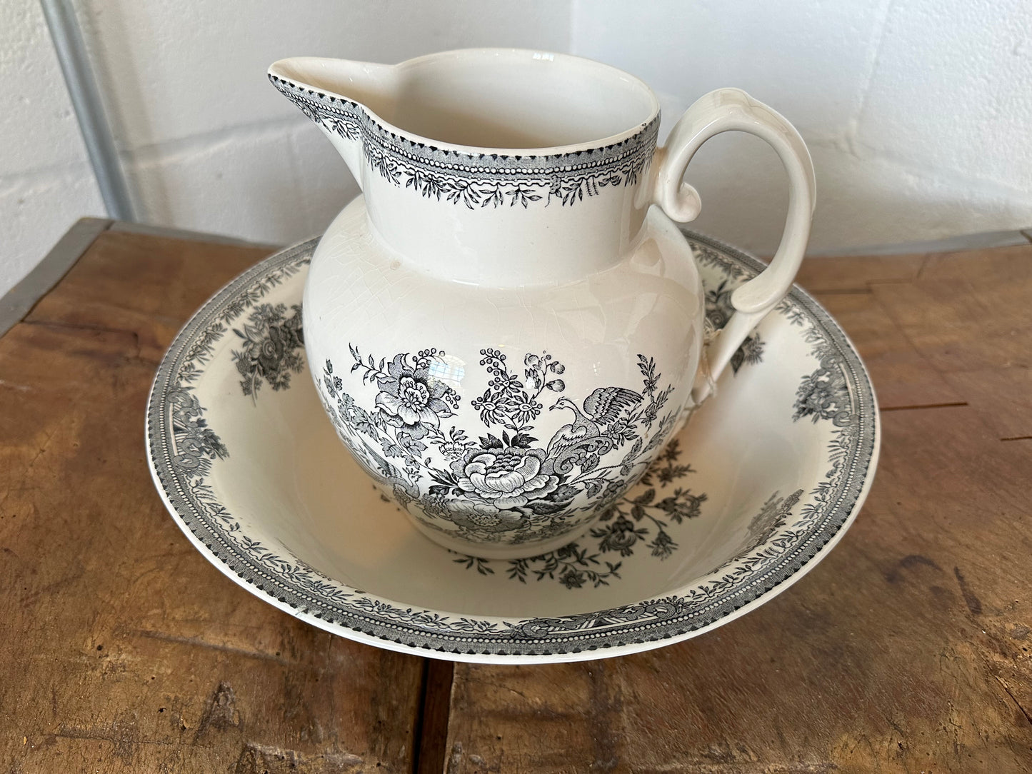 Vintage Black and White Burleigh Pitcher and Bowl Set