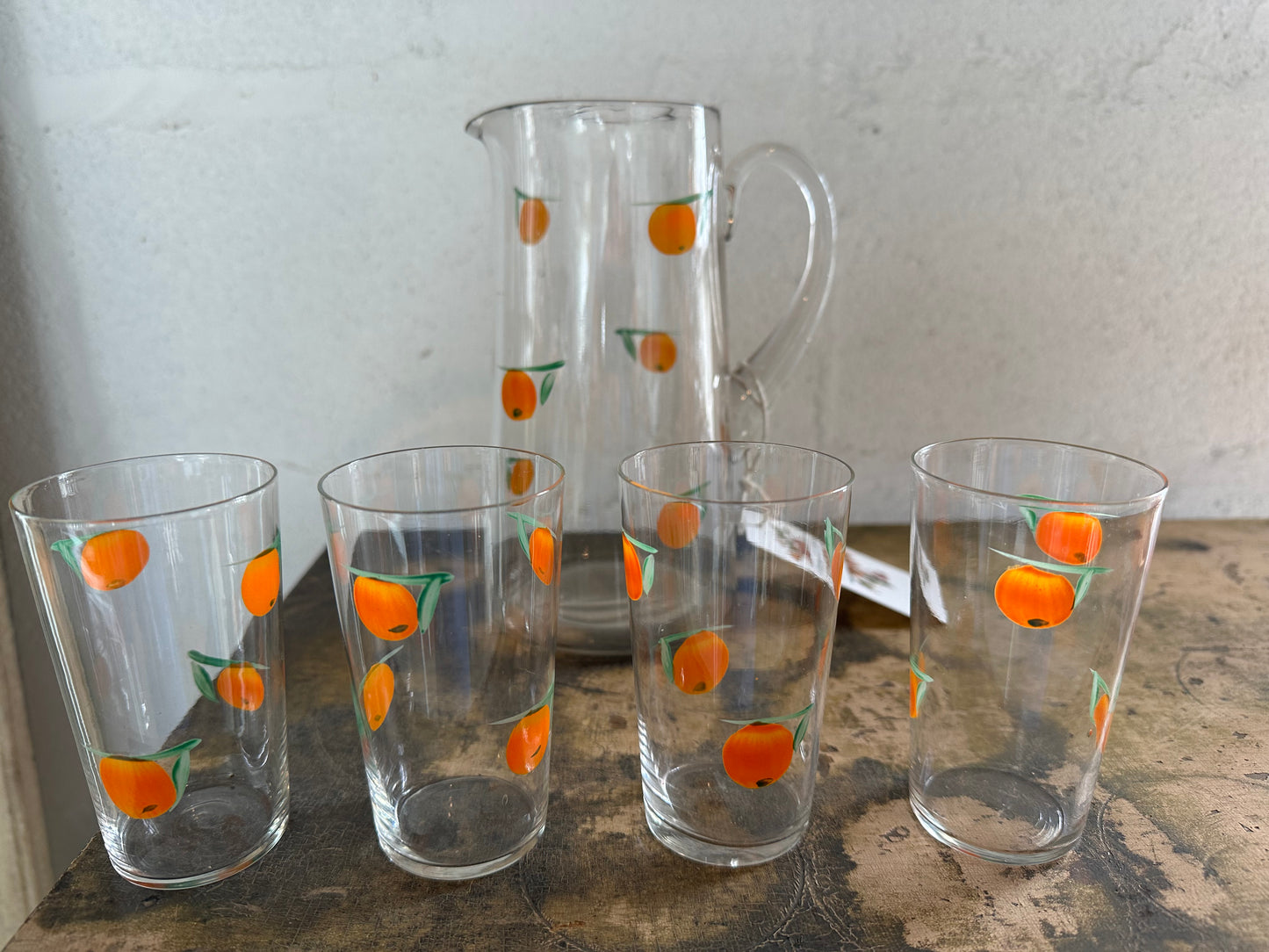 Vintage Anchor Hocking Orange Juice Glasses and Pitcher