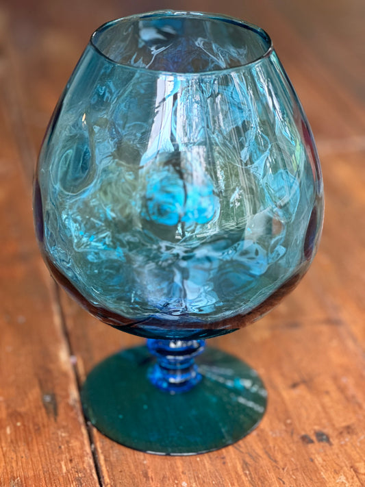 Vintage Aqua Blue Empoli Optic Swirl Glass Snifter