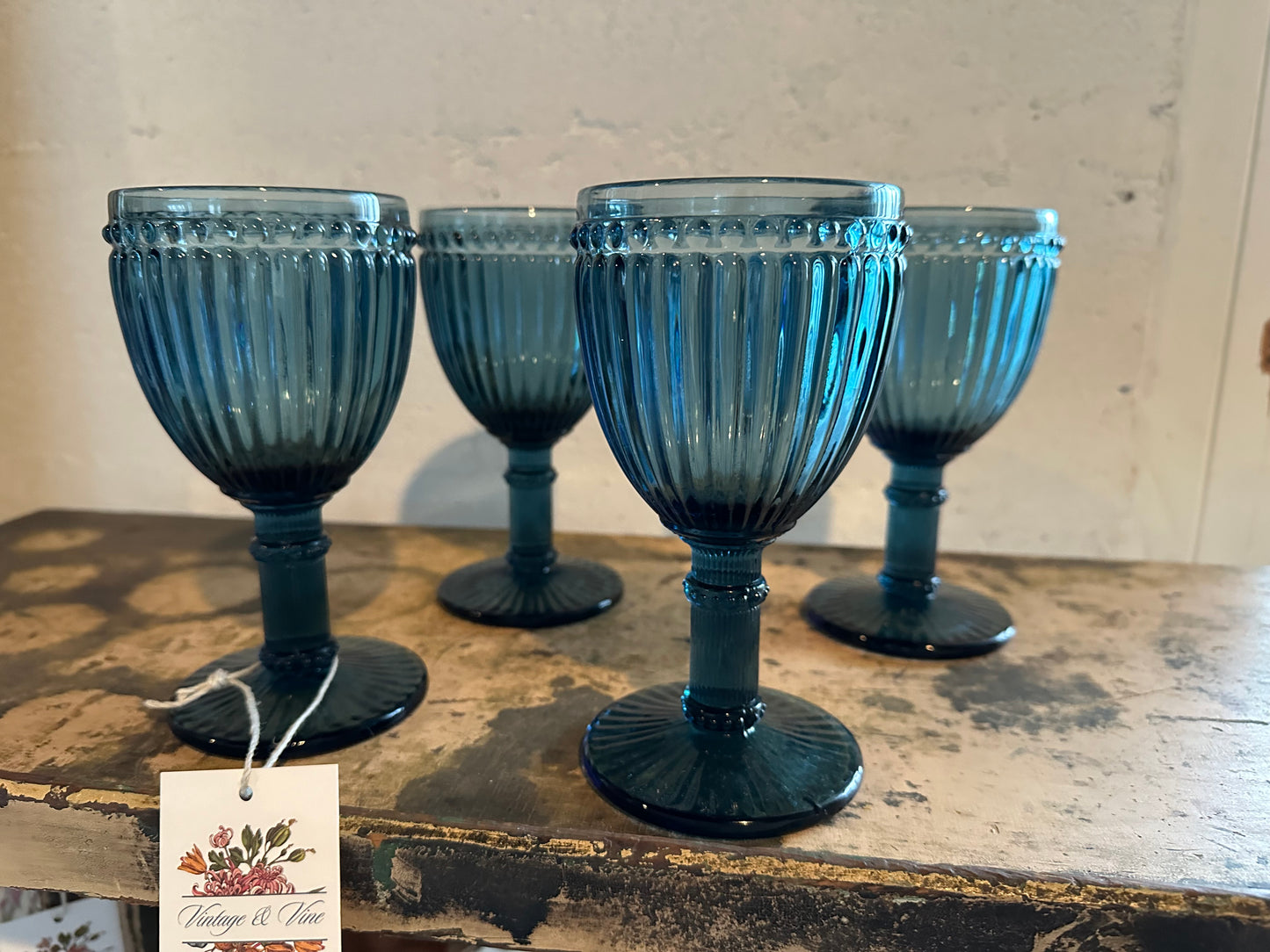 Blue Beaded and Rimmed Glassware