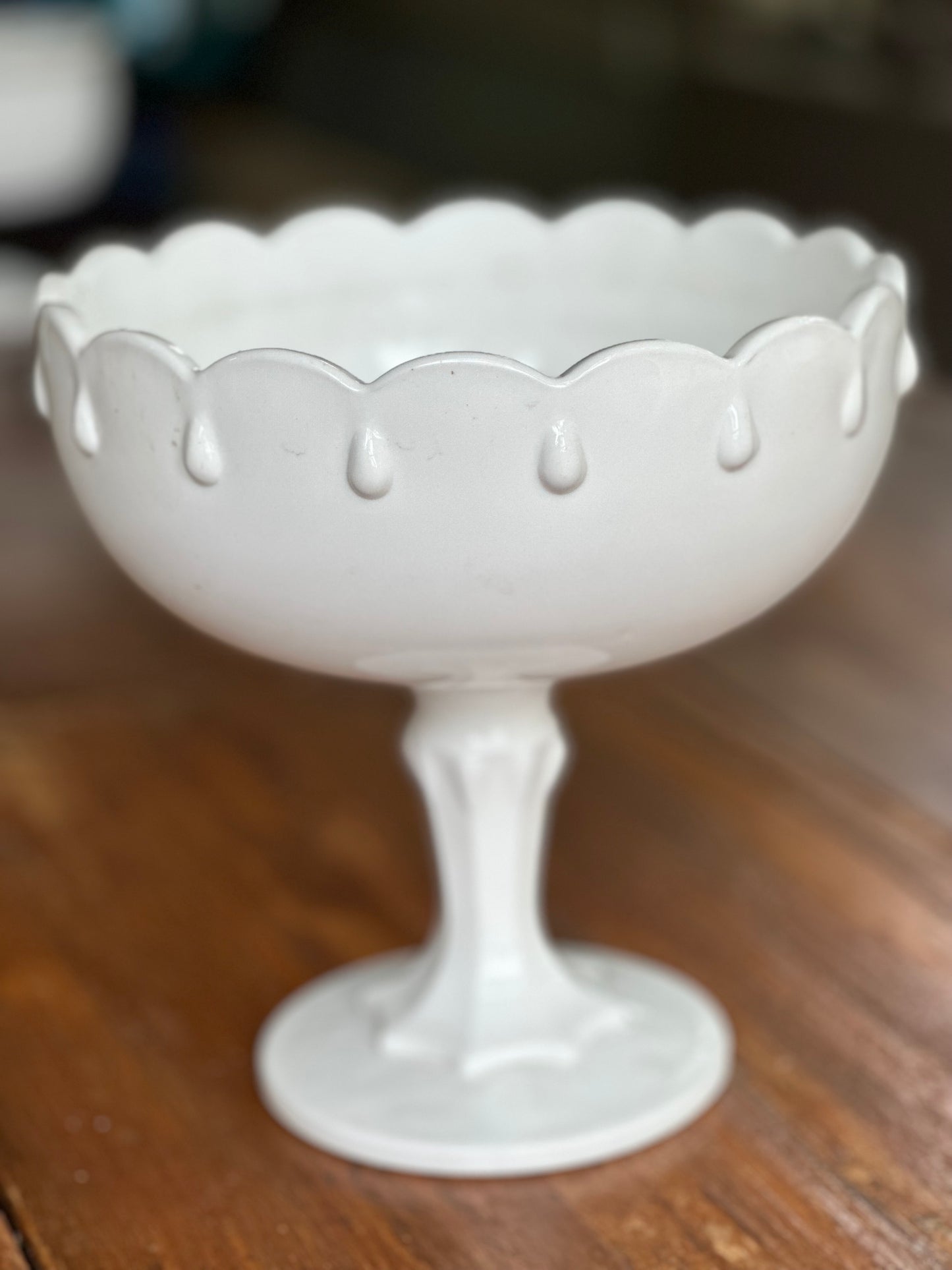 White Milk Glass Compote, Tear Drop Patter